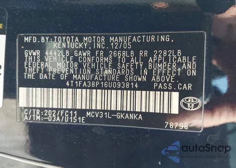 2006 Toyota Camry Solara Se z USA, uszkodzony, nr VIN 4T1FA38P16U093814
